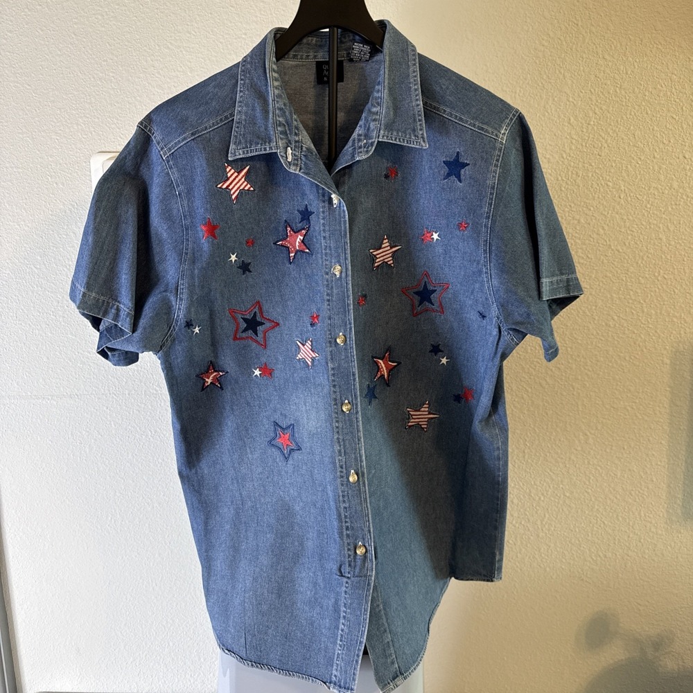 Quizz Again Women's Vintage Denim Button-Up‎ Shirt PATRIOTIC Americana Size L